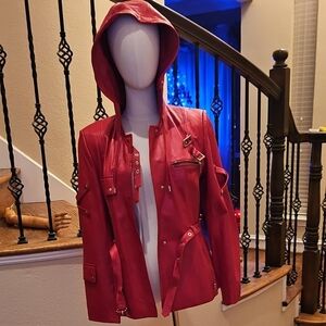 Stylish Red Leather Hooded Jacket for Women